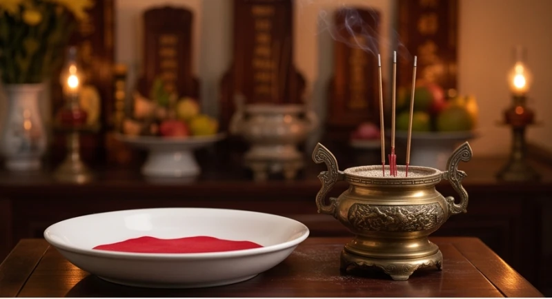 Văn khấn xin đài âm dương gia tiên: Mẫu bài cúng và quy tắc gieo 2 Đĩa sứ sâu lòng được lót mảnh vải đỏ dưới đáy nhằm giảm độ nảy để chuẩn bị gieo đồng xu xin đài