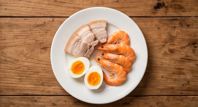 Đĩa tam sên tiêu chuẩn với một miếng thịt ba chỉ luộc, ba con tôm luộc và một quả trứng vịt luộc bóc vỏ