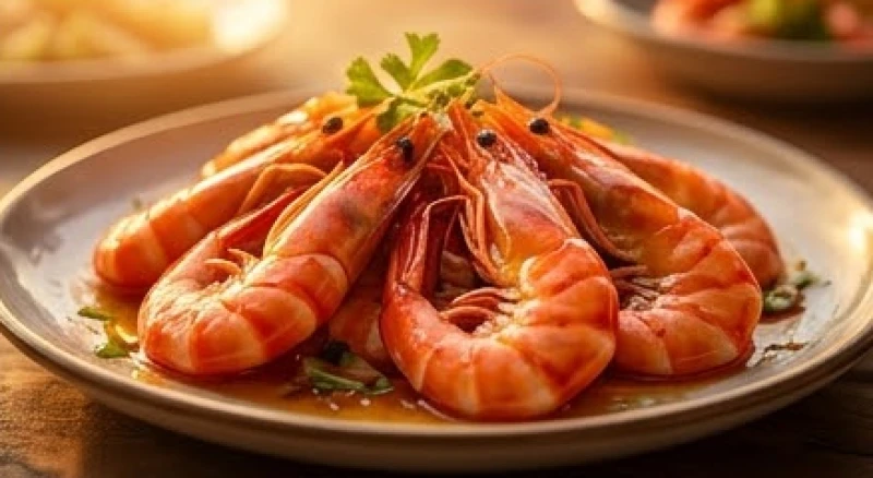 Đĩa tôm luộc chín với lớp vỏ màu đỏ cam bóng bẩy và phần thịt căng mọng được trình bày đẹp mắt