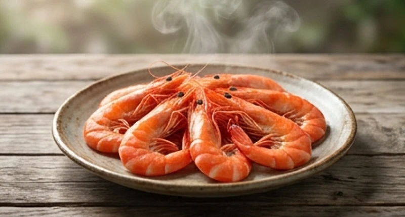 Những con tôm luộc chín mang sắc đỏ rực rỡ được xếp ngay ngắn tỏa ra làn khói mỏng và hương thơm hấp dẫn