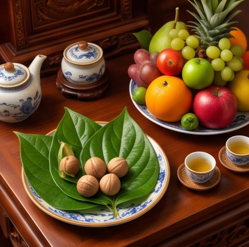 Văn khấn gia tiên ngày giỗ: Bài khấn chuẩn và quy tắc xưng hô 6 Đĩa trầu cau gồm ba lá trầu xanh và ba quả cau tròn trịa đặt cạnh mâm ngũ quả tươi ngon trên ban thờ