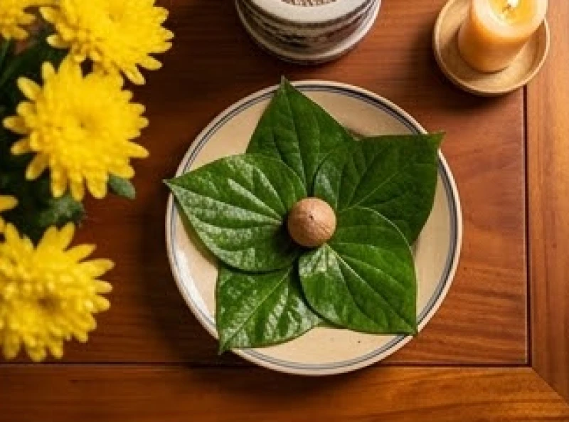 Văn khấn Nôm tại nhà: Trình tự bài bản và giải nghĩa từ vựng 2 Đĩa trầu cau tươi xanh nguyên vẹn được đặt ngay ngắn trên mâm lễ vật trước bàn thờ