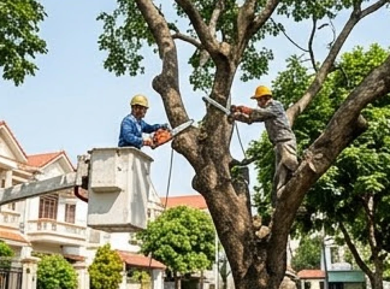 Thợ chuyên nghiệp sử dụng cưa máy và xe cẩu để đốn hạ cây lớn một cách an toàn và nhanh chóng