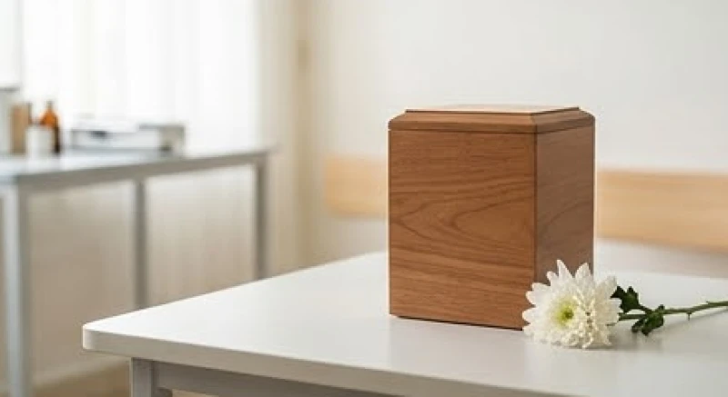 Chó chết trong nhà là điềm gì: Phân biệt điềm báo & cách xả xui 4 Hộp tro cốt thú cưng bằng gỗ trang trọng đặt cạnh một nhành hoa trắng trên chiếc bàn sạch sẽ