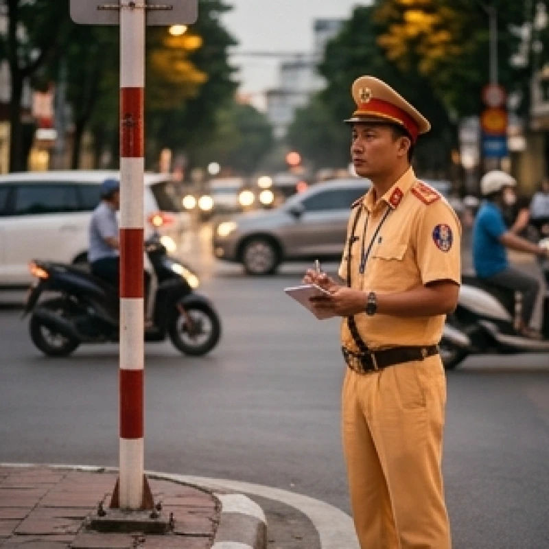 Mơ thấy cảnh sát giao thông: Điềm báo, tâm lý & cách hóa giải 1 Cảnh sát giao thông mặc đồng phục vàng đứng gần chốt kiểm soát an toàn giao thông trên đường phố