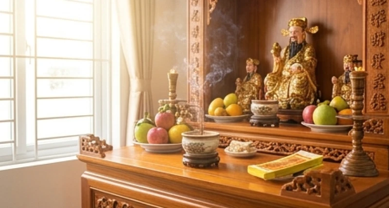 Bát hương Thần Tài bốc cháy là điềm gì: Cách xử lý & bài khấn 6 Ánh nắng ban mai chiếu rọi vào bàn thờ Thần Tài mang theo nguồn năng lượng dương khí tích cực cho công việc kinh doanh
