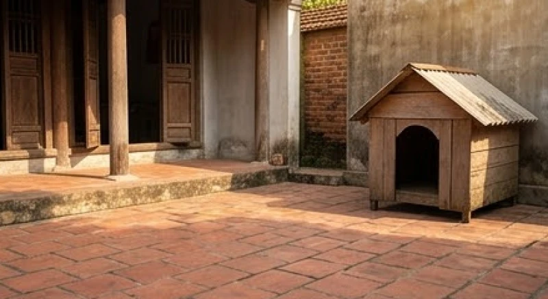 Chó ăn con là điềm gì: Giải mã tâm linh & cách xử lý an toàn 2 Khu vực chuồng trại chăn nuôi chó tại một góc sân gạch đỏ truyền thống ở nông thôn Việt Nam
