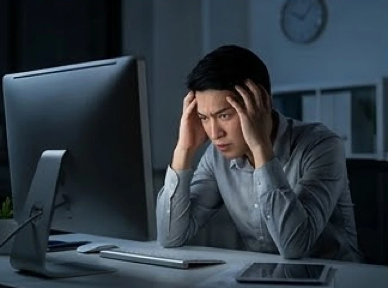 Bị rắn cắn là điềm gì: Giải mã hên xui và cách hóa giải 9 Một nhân viên văn phòng đang ôm đầu suy nghĩ trước màn hình máy tính với vẻ mặt căng thẳng tột độ