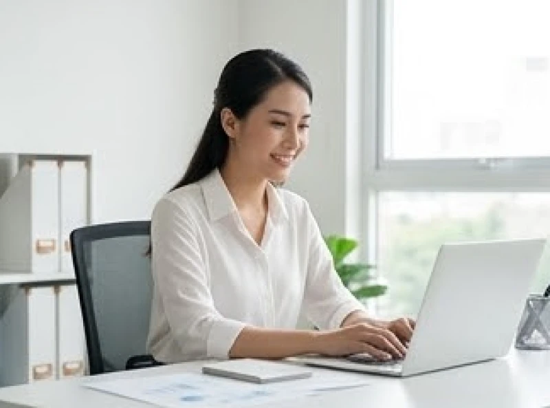 Người phụ nữ tự tin và tập trung làm việc tại văn phòng hiện đại với tinh thần thoải mái