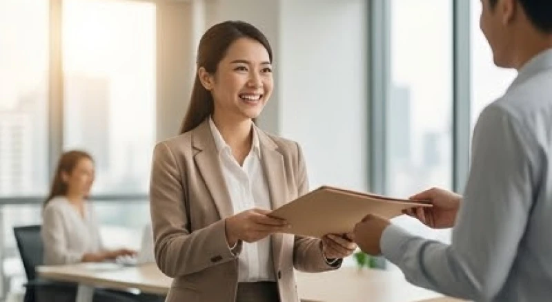 Nữ nhân viên văn phòng đón nhận tin tức thăng chức bất ngờ từ người quản lý trong không gian làm việc