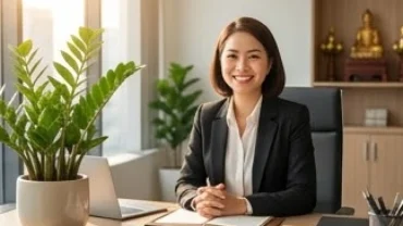 Người phụ nữ mỉm cười tự tin tại bàn làm việc với chậu cây kim tiền xanh tốt thể hiện điềm báo công việc thuận lợi