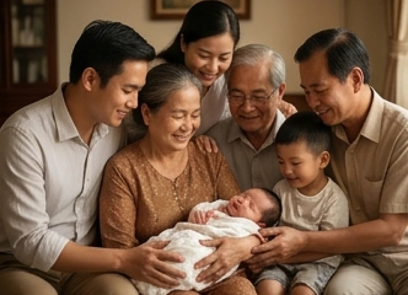 Gia đình quây quần rạng rỡ bên trẻ sơ sinh khỏe mạnh mang đến điềm báo cát lành khi mơ thấy người thân sinh em bé