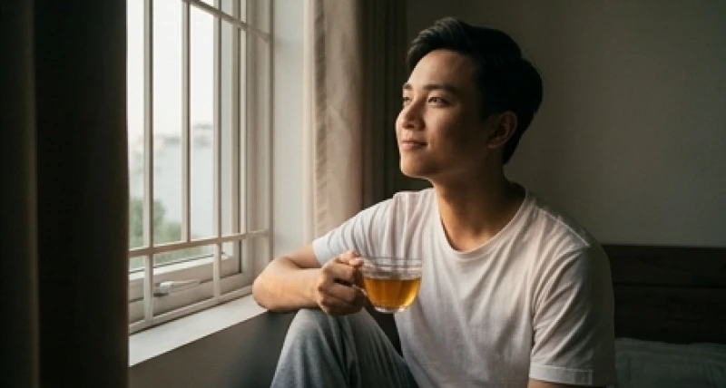 Người đàn ông uống trà ban mai với phong thái nhẹ nhõm khi hiểu điềm báo mơ thấy cãi nhau với anh trai