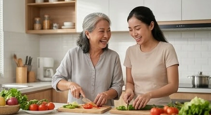 Hai mẹ con chồng đang vui vẻ nấu ăn trong bếp thể hiện sự hòa hợp và điềm báo cát tường