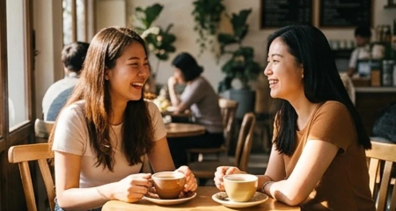 Má phải giật là điềm gì: Tra cứu 12 khung giờ và rủi ro y khoa 2 Hai người phụ nữ vui vẻ uống trà trò chuyện, đại diện cho điềm báo tốt lành về các mối quan hệ
