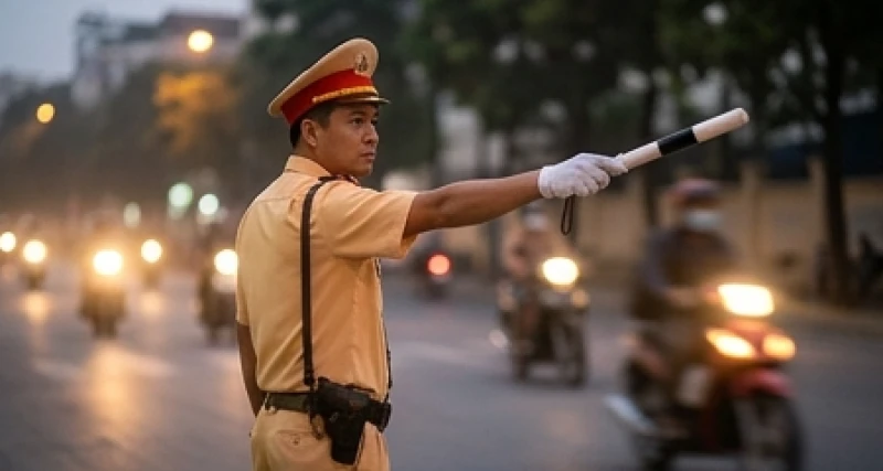Mơ thấy công an giao thông: Điềm báo & con số theo tình huống 2 Cảnh sát giao thông đang giơ gậy vẫy xe dừng lại bên lề đường dưới ánh đèn đường mờ ảo