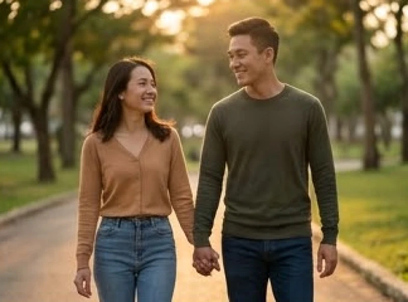 Cặp vợ chồng trẻ mỉm cười hạnh phúc và nắm tay nhau đi dạo dưới ánh nắng hoàng hôn ấm áp