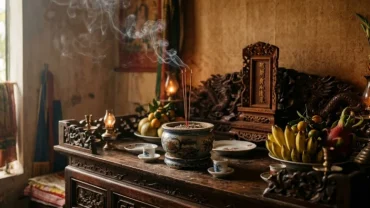 Không gian thờ cúng tĩnh lặng với khói tỏa mỏng nhẹ giúp gia chủ giải mã các điềm báo khi đốt nhang