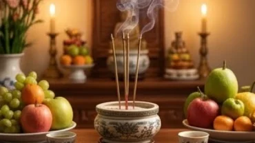 Bàn thờ gia tiên trang nghiêm với bát nhang đang cháy rực, thể hiện các điềm báo khi đốt nhang trong gia đình
