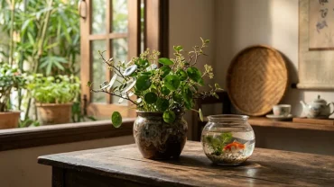 Chậu cây kim tiền ra hoa và bể cá chép nhỏ tượng trưng cho điềm báo may mắn phát tài trong không gian sống