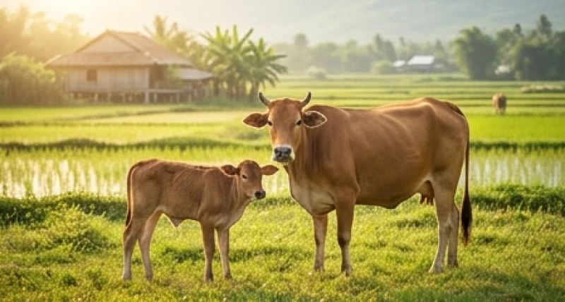 Mơ thấy bò đẻ điềm báo gì: Giải mã bối cảnh & bộ số may mắn 1 Bò mẹ và bê con đứng thong dong dưới ánh nắng buổi sáng rực rỡ trên cánh đồng nông thôn