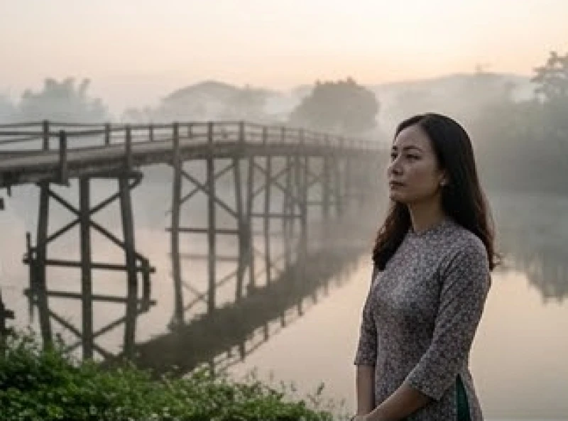Mơ thấy đi qua cầu: Giải mã điềm báo, con số và cách hóa giải 1 Một người phụ nữ đứng suy tư trước cây cầu gỗ cũ kỹ bắc qua dòng sông nhỏ mờ sương vào sáng sớm