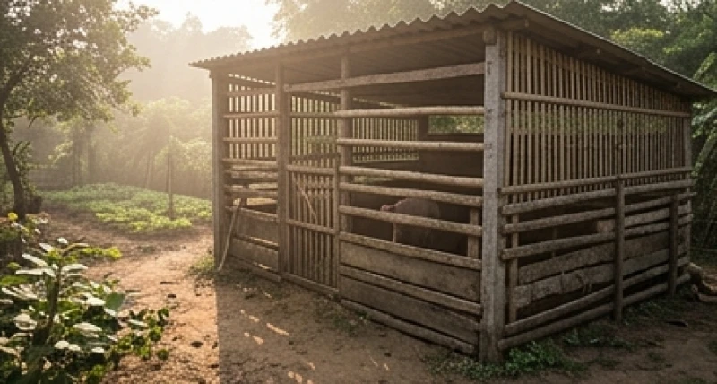 Mơ thấy chuồng heo: Tra cứu điềm báo cát hung & bộ số tài lộc 1 Chuồng heo bằng gỗ tre chắc chắn trong ánh sáng ban mai mang ý nghĩa phong thủy tốt lành