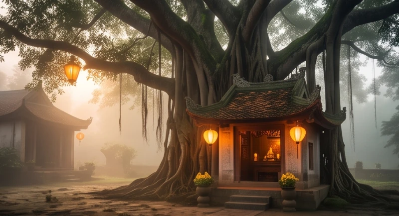 Ngôi miếu nhỏ rực rỡ ánh đèn vàng ấm áp ẩn mình dưới tán cây cổ thụ trong sương sớm