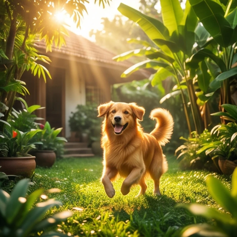 Mơ thấy nuôi chó: Giải mã điềm báo tâm linh và sổ mơ tài lộc 4 Chú chó lông vàng rực rỡ vui vẻ chạy nhảy trong khu vườn ngập tràn ánh nắng ấm áp