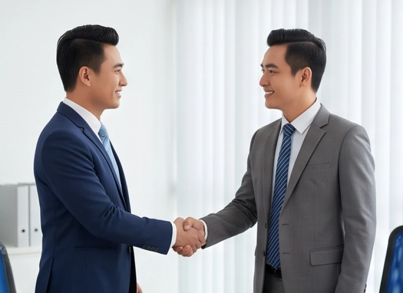 Nam doanh nhân mặc vest lịch lãm đang bắt tay đối tác trong không gian làm việc hiện đại