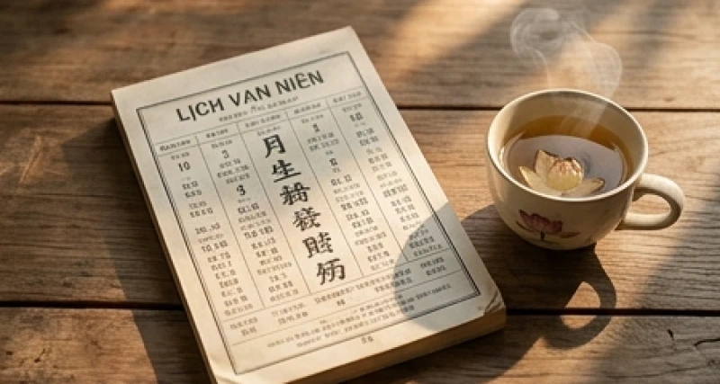 Cuốn lịch vạn niên Âm lịch và tách trà nóng đặt trên chiếc bàn gỗ mộc mạc