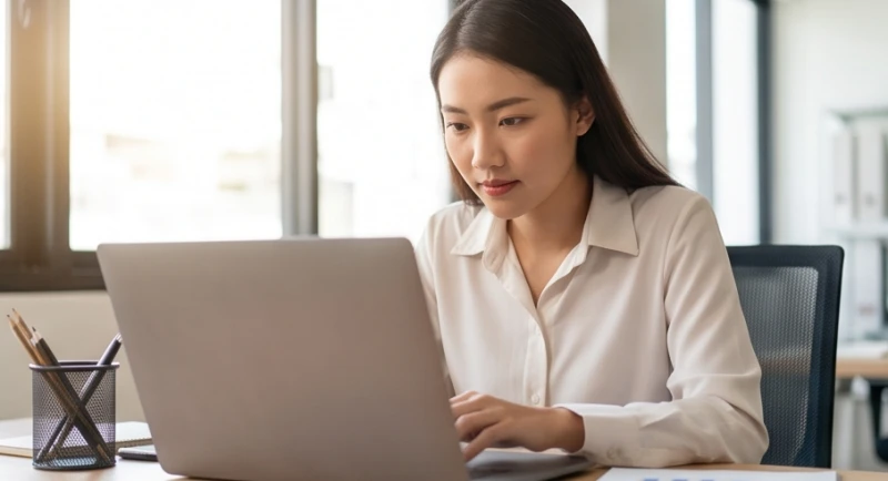 Nữ nhân viên tập trung rà soát lại sổ sách và email trên màn hình máy tính vào đầu giờ chiều