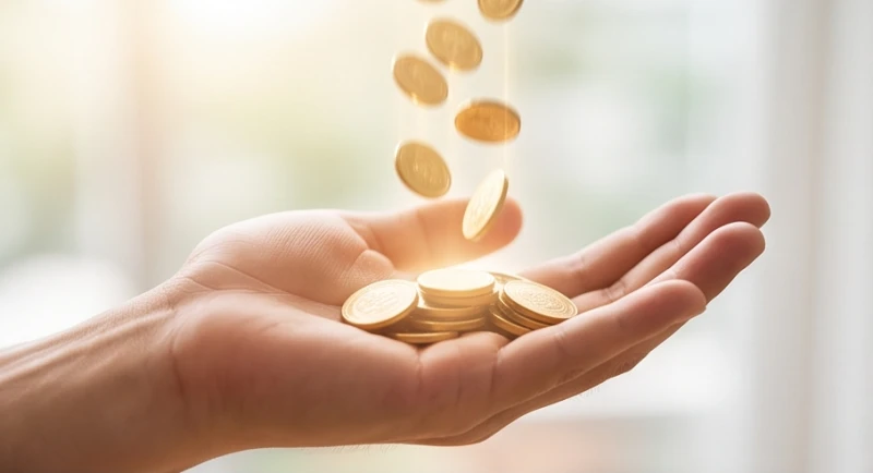 Những đồng tiền xu và tiền giấy mờ ảo rơi xuống lòng bàn tay phải đang mở rộng của một người