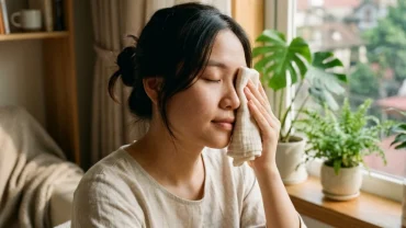 Hình ảnh cận cảnh người phụ nữ Việt Nam chăm sóc vùng mắt khi tìm hiểu về điềm báo nháy mắt liên tục