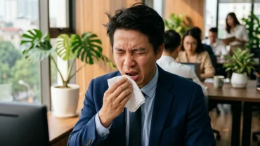 Người đàn ông Việt Nam đang làm việc tại văn phòng hiện đại bỗng nhiên hắt hơi do điềm báo nhảy mũi nam theo giờ