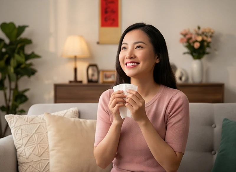 Nữ giới mỉm cười khi nghĩ đến người thương sau khi hắt xì hơi vào buổi chiều muộn