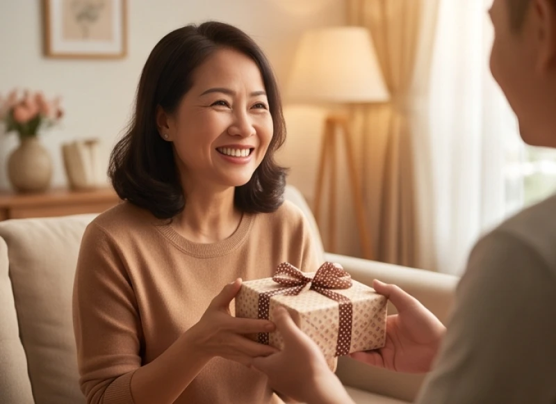 Nữ giới Việt Nam mỉm cười nhận món quà nhỏ bất ngờ từ người thân trong phòng khách gia đình ấm cúng