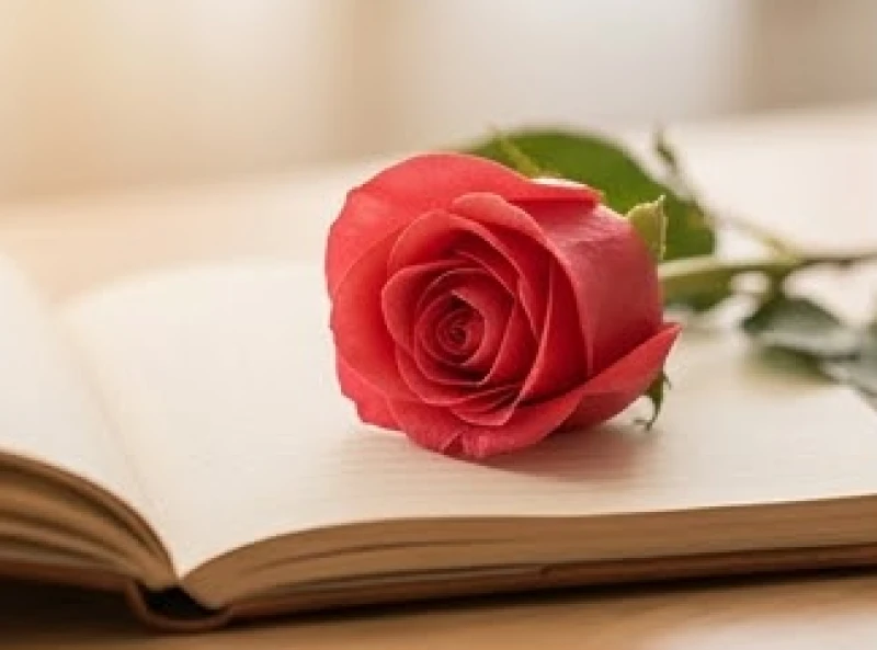 Mơ Thấy Nụ Hoa Hồng: Giải Mã Điềm Báo Tình Duyên & Số May Mắn 1 Nụ hoa hồng đỏ rực rỡ được đặt gọn gàng trên một cuốn sổ tay bìa da ghi chép những giấc mơ