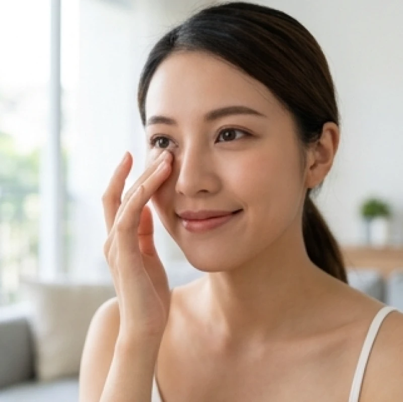 Cô gái trẻ mỉm cười rạng rỡ khi chạm nhẹ vào khóe mắt trái chờ đón tin vui tình cảm
