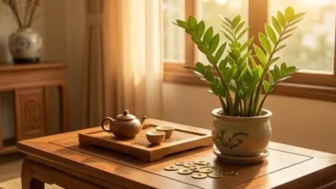 Góc bàn trà với ánh nắng ấm áp chiếu vào đồng xu phong thủy và cây kim tiền, tượng trưng cho điềm báo sắp có tiền