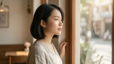 Cô gái trẻ đứng tĩnh lặng trước ô cửa sổ đầy nắng đón nhận điềm báo sắp gặp lại người cũ một cách bình thản