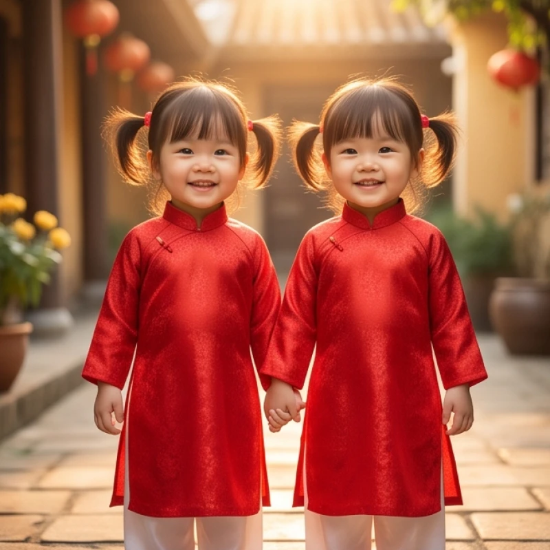 Hai bé gái sinh đôi mặc áo lụa đỏ truyền thống mỉm cười rạng rỡ, mang đến nguồn vượng khí và niềm vui bất ngờ cho gia đình