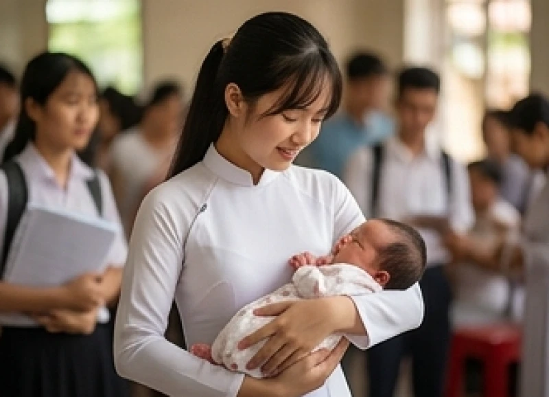 Nữ sinh viên rạng rỡ khi được bế đứa cháu nhỏ vừa chào đời mang theo hy vọng về tương lai xán lạn