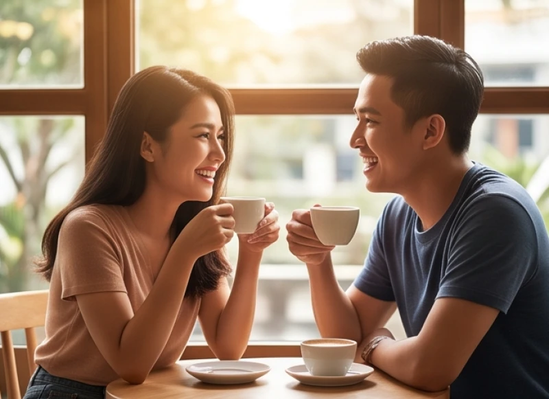 Đôi bạn trẻ đang ngồi trò chuyện vui vẻ bên tách cà phê trong không gian ngập tràn ánh nắng