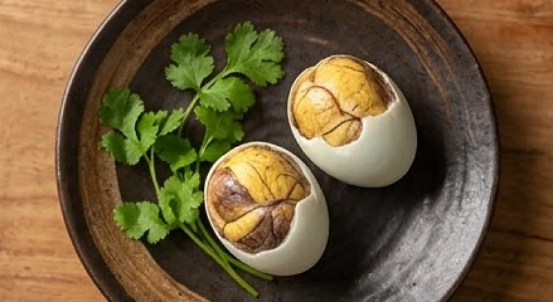 Mơ thấy nhặt được nhiều trứng vịt: Điềm báo & bộ số tài lộc 5 Hai quả trứng vịt lộn luộc chín đặt trên đĩa gốm mộc mạc cùng vài nhánh rau răm xanh tươi