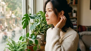 Người phụ nữ Việt Nam ngồi suy tư bên cửa sổ gỗ khi tìm hiểu về điềm báo ù tai và cách chăm sóc sức khỏe thính giác