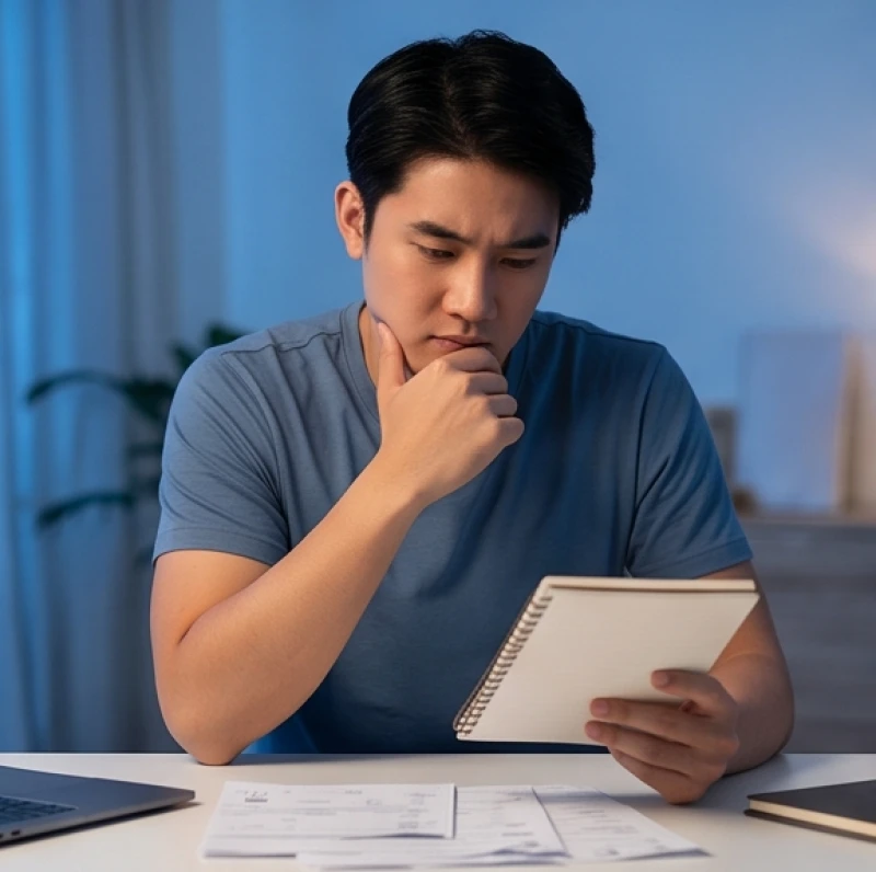 Chàng trai cầm sổ tay ghi chép chi tiêu với gương mặt đăm chiêu