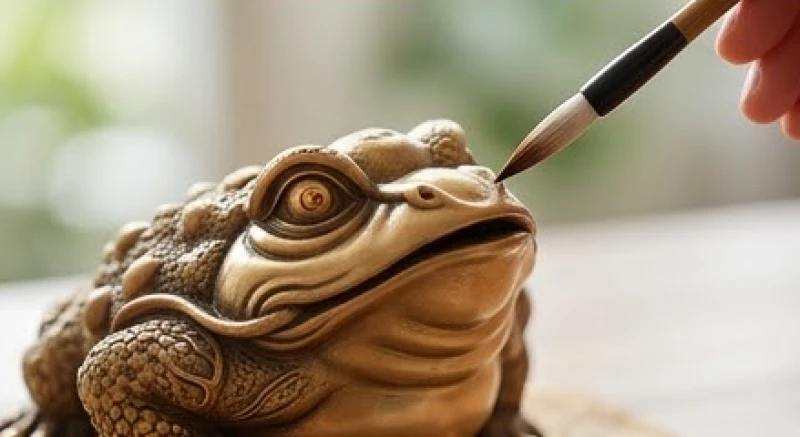Dùng bút lông tẩm chu sa điểm nhẹ lên hai mắt tượng thiềm thừ để hoàn tất nghi thức khai quang điểm nhãn