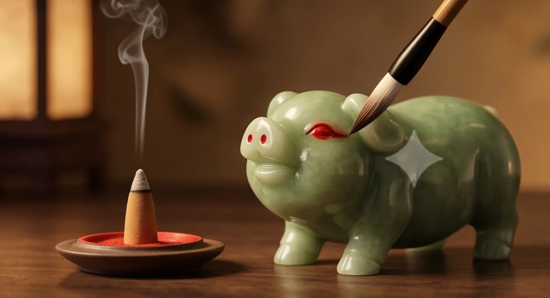 Cọ lông nhỏ chấm chu sa đỏ điểm nhãn cho tượng heo phong thủy bên cạnh nén trầm hương