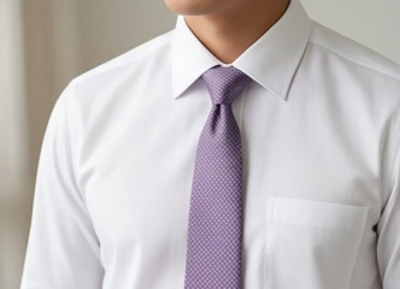 Màu trang phục hợp tuổi Tý: công thức phối riêng nam và nữ 11 Cận cảnh chiếc áo sơ mi trắng kết hợp cà vạt lụa họa tiết màu tím sang trọng.